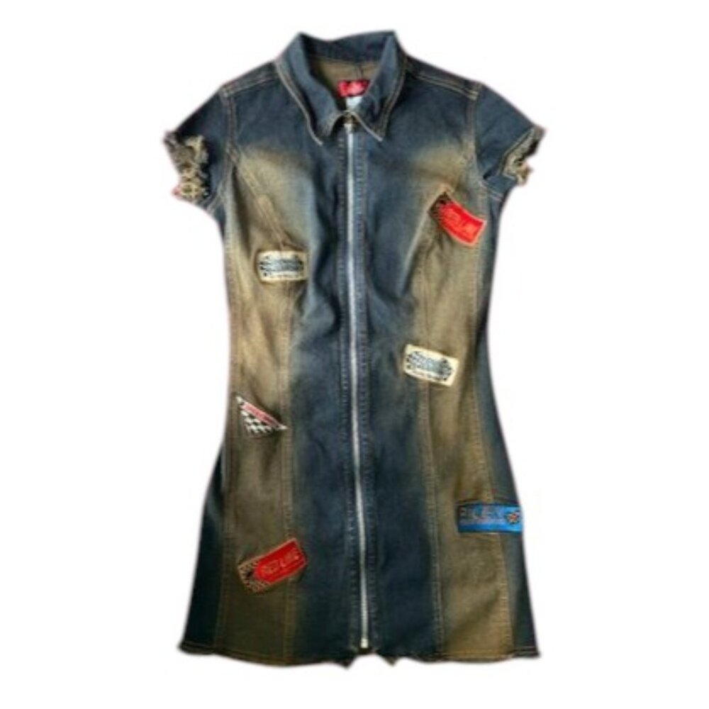 Estilo Women's Denim Mini Patchwork Embroidered Dress Small / Medium